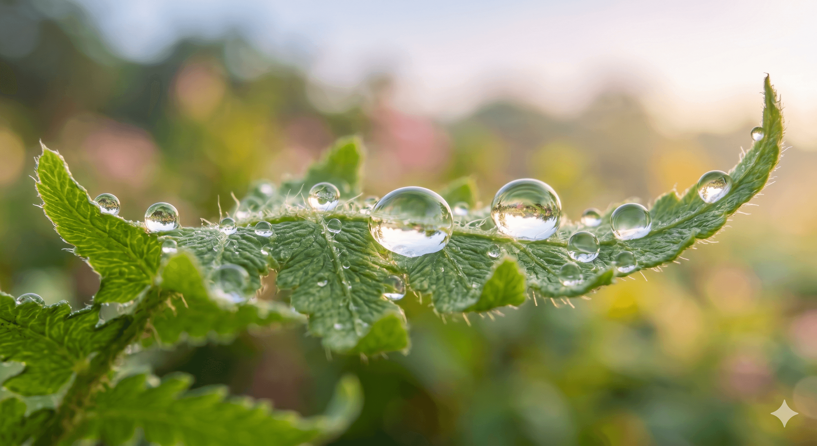 Detalle de gotas de agua en una hoja, luz suave de mañana